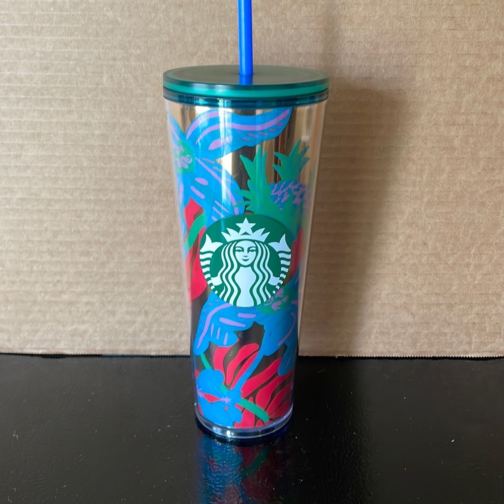 Starbucks 2022 Summer Aqua Terra Orange Floral Metallic Tumbler 24oz Venti Cup